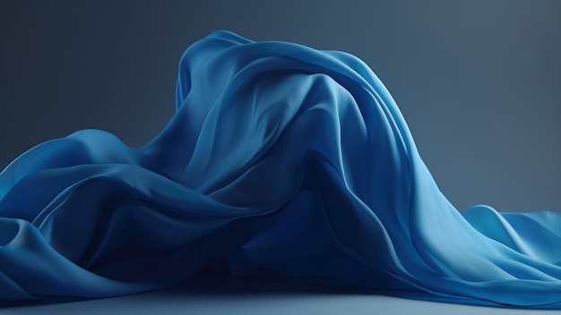 Een blauwe zijden stof staat in een donkere kamer met een lichtblauwe achtergrond.