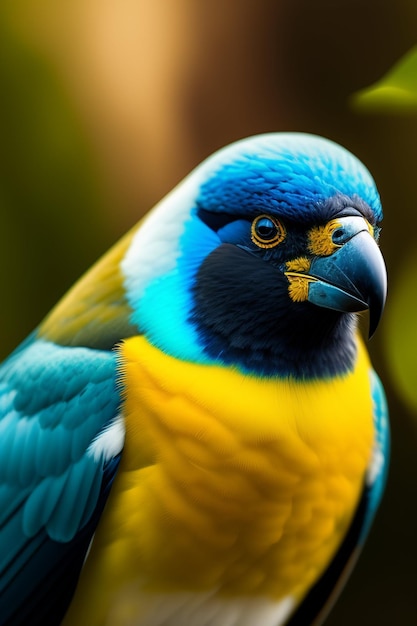 Een blauwgele vogel met een gele buik