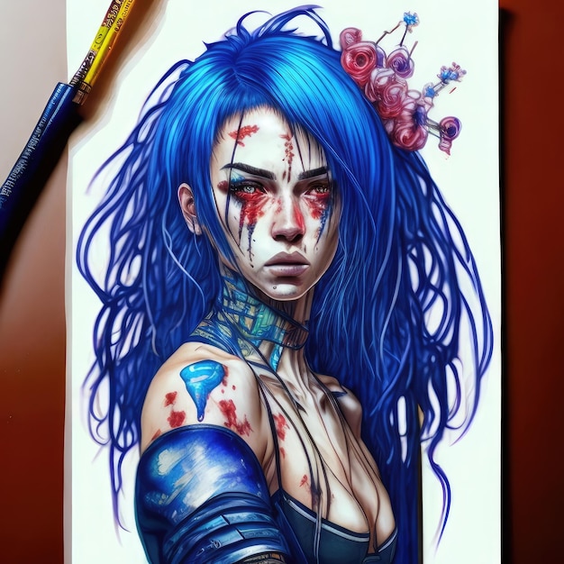 Een blauwharig meisje met blauw haar en een rood oog staat op papier.