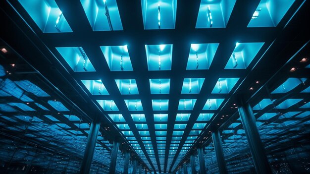 Een blauwlichtinstallatie in een datacenter.