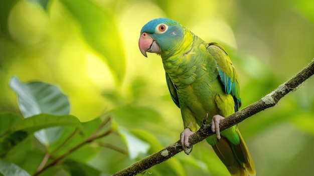 Een blauwogige papegaai op een slanke tak te midden van groen gebladerte