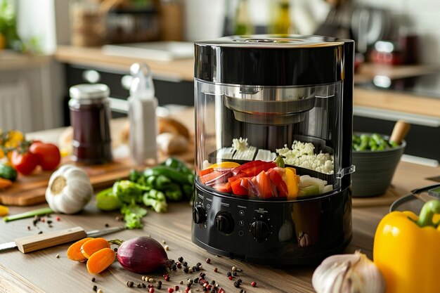 Foto een blender met verschillende ingrediënten, waaronder wortels, uien en specerijen