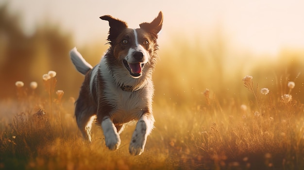 Een blije hond die met plezier over het zonovergoten veld springt Generatieve AI