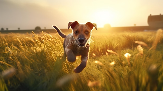 Een blije hond die met plezier over het zonovergoten veld springt Generatieve AI