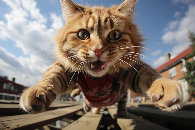 een blije rode kat en bladerend door een urban parkour-trainingssessie ai gegenereerd