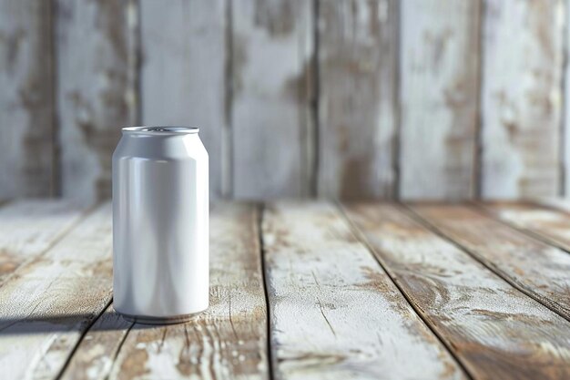 Foto een blikje frisdrank op een houten tafel