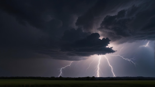 Foto een bliksem wordt getoond boven een veld met een boom op de achtergrond