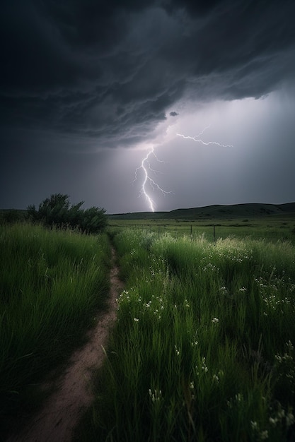 Een blikseminslag in een veld met een donkere lucht en een veld op de achtergrond.