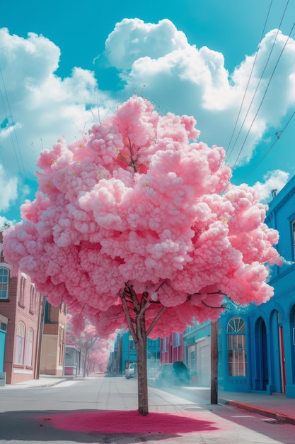 Een bloeiende boom op een stadsstraat Illustratie