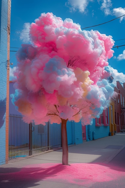 Een bloeiende boom op een stadsstraat Illustratie