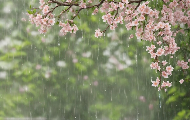 Een bloeiende boomtak in de regen.