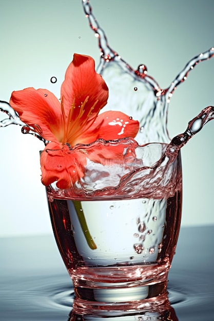 een bloem die in een glas water spettert