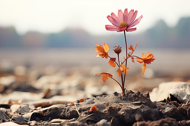 een bloem die midden in een veld uit de grond groeit