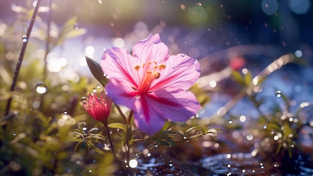 Een bloem in de regen met waterdruppels erop