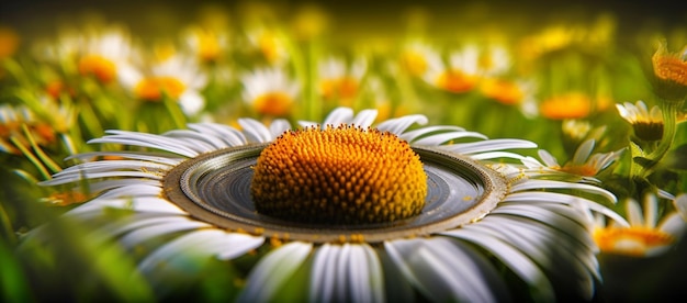 Een bloem in een bloemenveld met een gele bloem erop