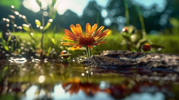 Foto een bloem in een plas water waar de zon op schijnt.