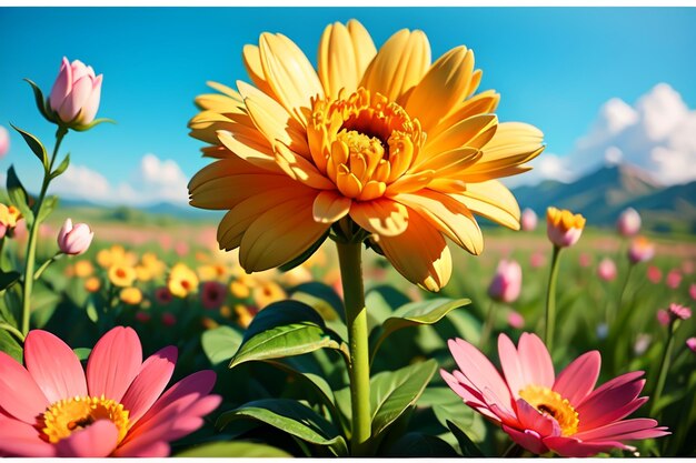 Een bloem in een veld met een blauwe lucht op de achtergrond