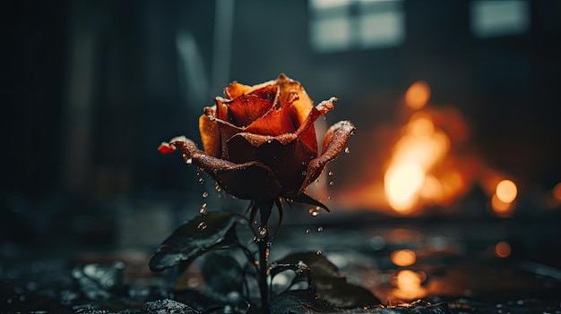 Een bloem in het donker met het vuur op de achtergrond
