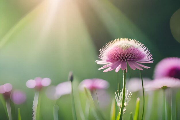 een bloem in het gras met de zon erachter