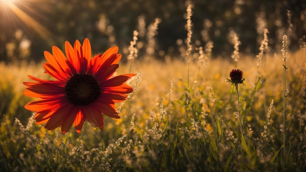 Een bloem in het gras met de zon erachter