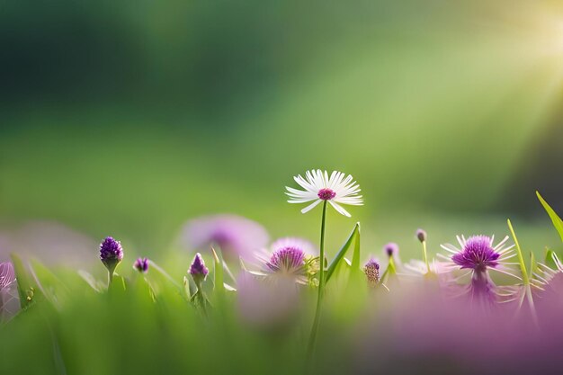 Een bloem in het gras met de zon erop.