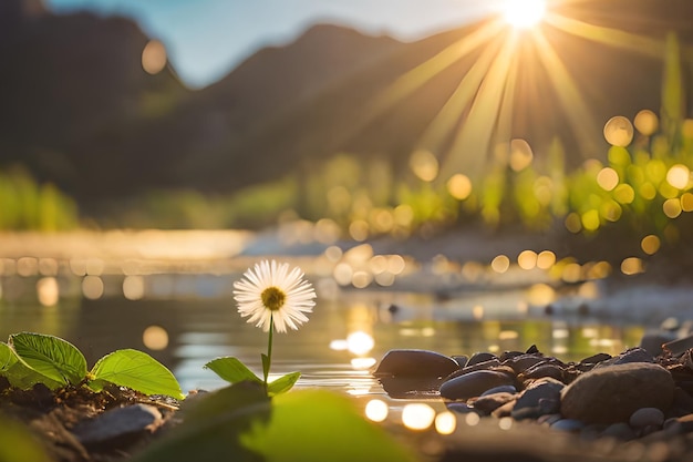 Foto een bloem in het water waar de zon op schijnt