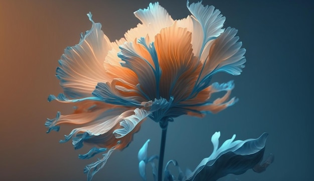 Een bloem met een blauwe achtergrond en een witte bloem met oranje en blauwe kleuren.