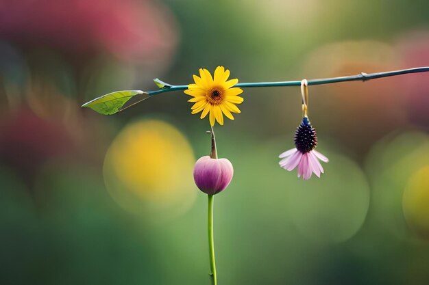 Foto een bloem met een gele bloem erop hangt aan een draad