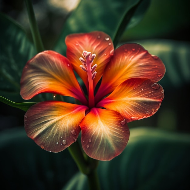 Een bloem met een rood hart en een groen blad