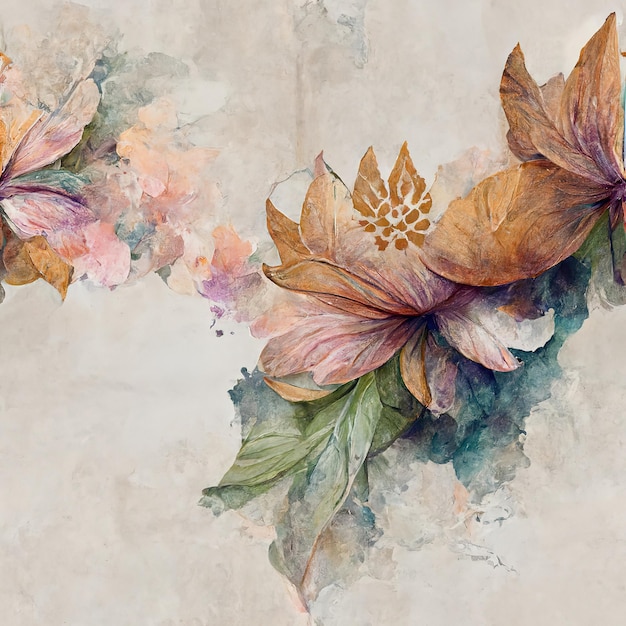 Een bloem met veel bladeren is afgebeeld op het canvas Aquarel naadloze patroon handgetekende borstel kleuren patroon 3d illustratie