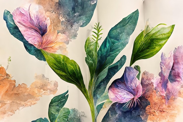 Een bloem met veel bladeren is afgebeeld op het canvas Aquarel naadloze patroon handgetekende borstel kleuren patroon 3d illustratie