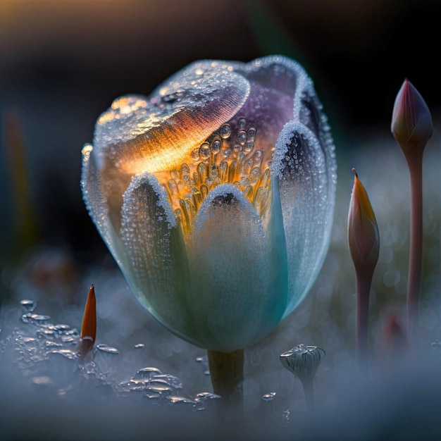 Een bloem met waterdruppels erop is bedekt met dauw.