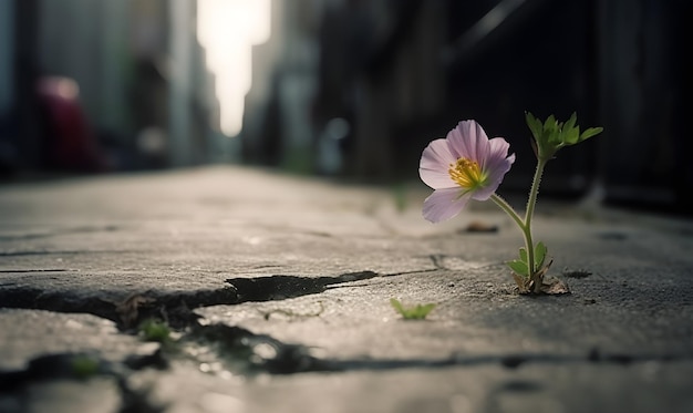 Een bloem midden in een scheur in een stoep