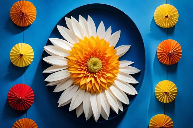 een bloem op een blauwe achtergrond met een gele bloem in het midden.