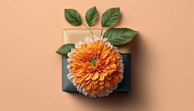 Een bloem op een geschenkdoos met een groen blad erop.