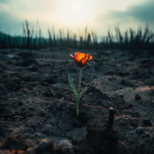 Een bloem staat midden in een veld met daarachter de ondergaande zon.