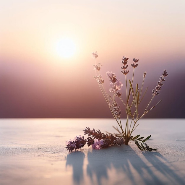 een bloem staat op een tafel met de zon achter