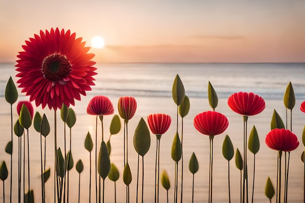 Een bloem voor een zonsondergang met de zon erachter.