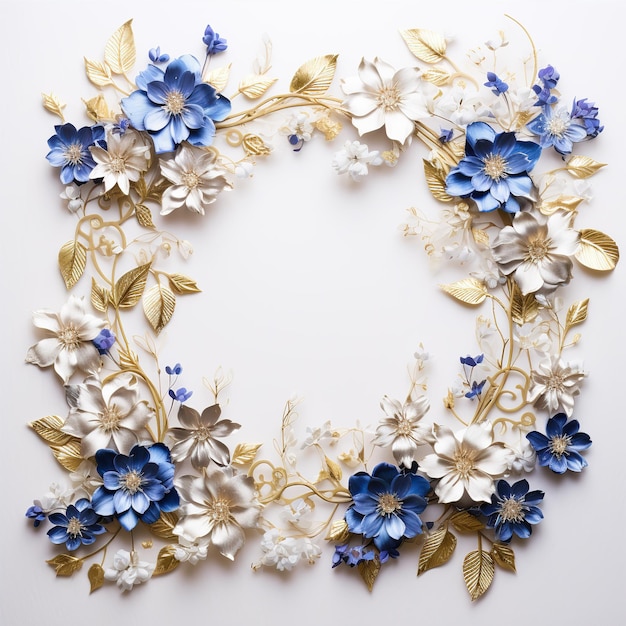 een bloemenframe met koninklijk blauw zilver en goud