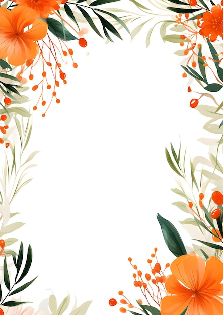 een bloemenframe met oranje bloemen en groene bladeren Abstract Oranje gebladerte achtergrond met negatief