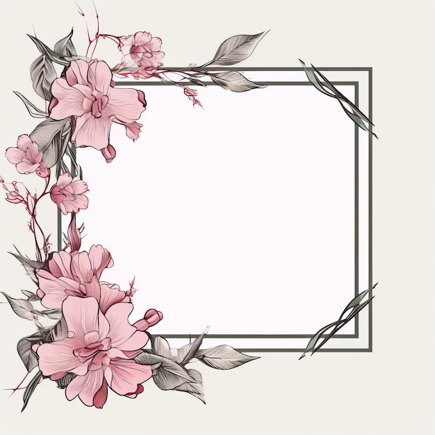 Een bloemenframe met roze bloemen en bladeren