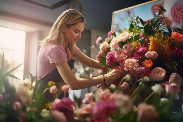 Een bloemenhandelaar die bloemen rangschikt voor een evenement