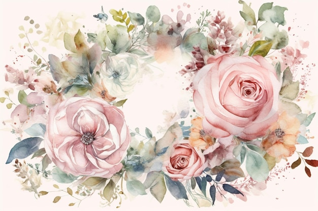 Een bloemenkrans met roze rozen en groene bladeren
