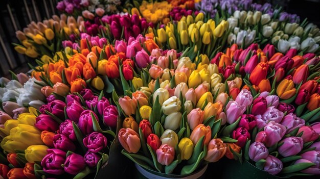 Een bloemenmarkt met een bos tulpen