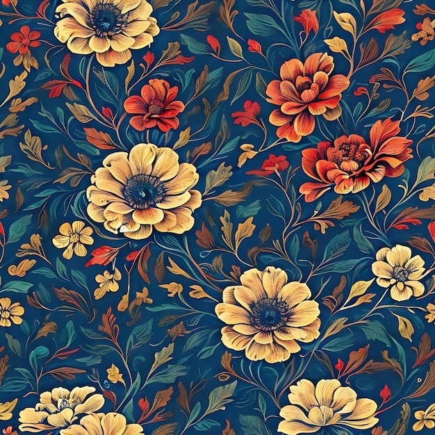 Een bloemenpatroon met bladeren en bloemen generatief ai