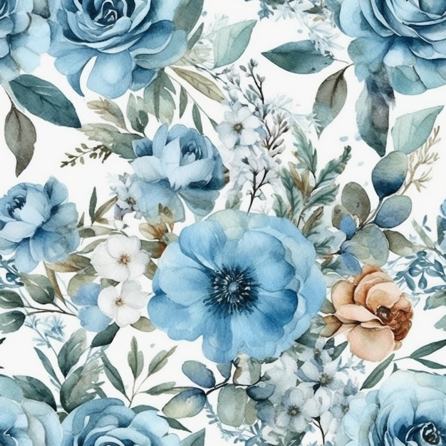Een bloemenpatroon met blauwe bloemen en bladeren.