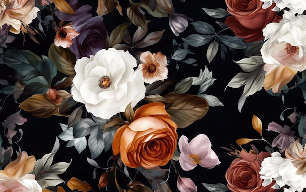 Een bloemenpatroon met bloemen en bladeren op een zwarte achtergrond.
