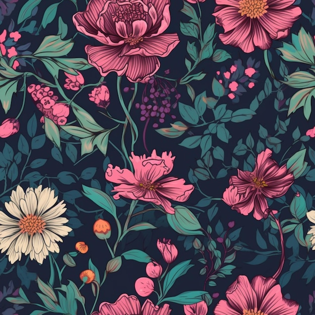 Een bloemenpatroon met een roze bloem en een zwarte achtergrond.