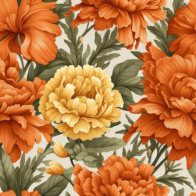 Een bloemenpatroon met oranje bloemen en bladeren.