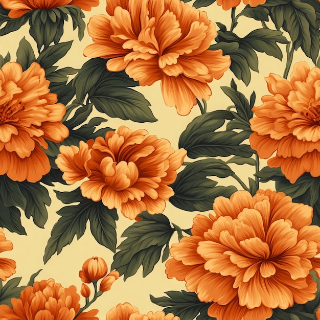 Een bloemenpatroon met oranje bloemen en bladeren